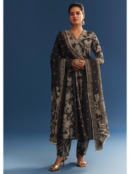 KALKI FASHION - Black Floral Printed Crepe Anarkali Kurta with Pant & Dupatta