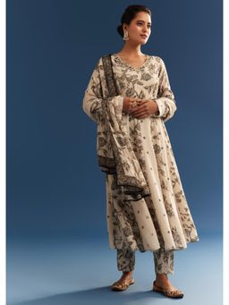 KALKI FASHION - Beige Floral Printed Crepe Anarkali Kurta with Pant & Dupatta