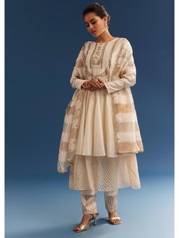 KALKI FASHION - Off White Chanderi Layered Kurta with Pant & Dupatta