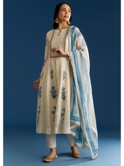 KALKI FASHION - Off White Printed Chanderi Anarkali Kurta with Pant & Dupatta
