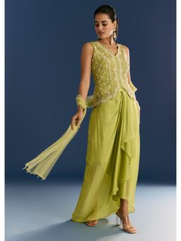 KALKI FASHION - Green Chinon Moti Embroidered Top with Skirt & Dupatta