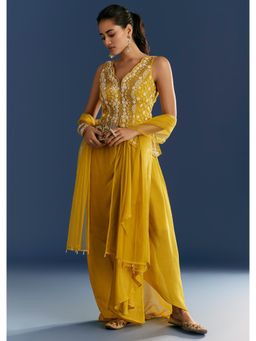 KALKI FASHION - Mustard Yellow Moti Embroidered Kurta Skirt with Dupatta