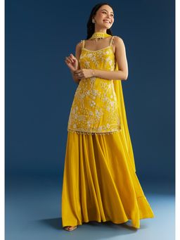 KALKI FASHION - Yellow Chinon Moti Sequin Kurti with Palazzo & Choker Style Dupatta