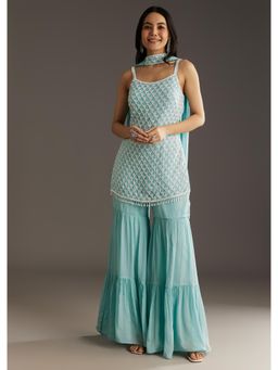 KALKI FASHION - Sky Blue Chinon Kurta with Sharara & Choker Style Dupatta
