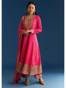 KALKI FASHION - Pink Russian Silk Bandhani Anarkali Kurta with Pant & Dupatta