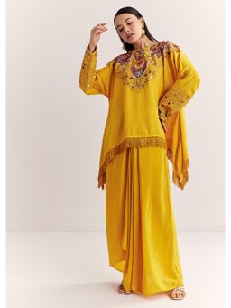 KALKI FASHION - Yellow Tessar Silk Beads And Thread Work Top with Skirt