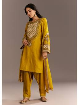 KALKI FASHION - Yellow Silk Kurta And Patiala with Lace Dupatta