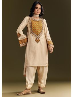 KALKI FASHION - Ivory Silk Thread Work Kurta with Patiala & Gotta Lace Organza Dupatta