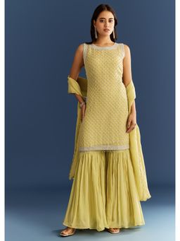 KALKI FASHION - Green Organza Embroidered Kurta with Sharara & Scallop Hem Dupatta