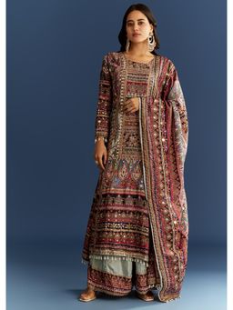 KALKI FASHION - Multi Color Tabby Silk Printed Kurta with Palazzo & Dupatta