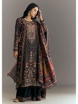 KALKI FASHION - Black Tabby Silk Zari Embroidered Kurta with Palazzo & Dupatta
