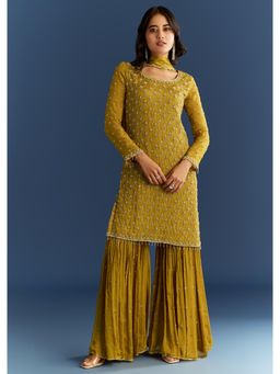 KALKI FASHION - Olive Chinon Kurti with Sharara & Dupatta