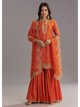 KALKI FASHION - Orange Silk Cut Dana and Sequins Work Kurti with Sharara & Dupatta