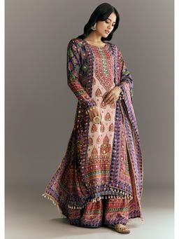 KALKI FASHION - Multi Color Blue Tabby Silk Printed Kurta with Palazzo & Dupatta