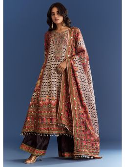 KALKI FASHION - Multicolour Tabby Silk Printed Kurta with Palazzo & Dupatta