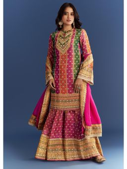 KALKI FASHION - Pink Tissue Kurta with Printed Palazzo & Organza Dupatta