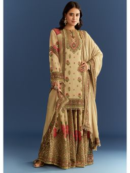 KALKI FASHION - Beige Crush Tissue Floral Printed Kurti with Palazzo & Dupatta