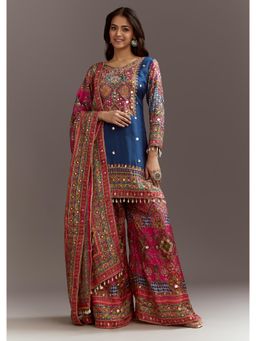 KALKI FASHION - Blue Printed and Sequins Work Kurta with Palazzo & Dupatta