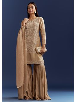 KALKI FASHION - Beige Sequins and Cut Dana Kurti with Sharara & Organza Dupatta