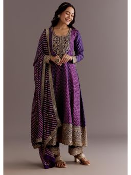 KALKI FASHION - Purple Russian Silk Bandhani Anarkali Kurta with Pant & Dupatta