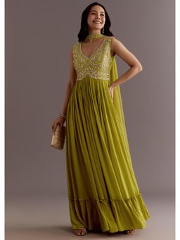 KALKI FASHION - Citrus Green Embroidered Georgette Anarkali Kurta with Choker Dupatta