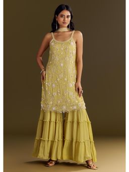 KALKI FASHION - Light Yellow Chinon Embroidered Kurti with Sharara & Choker Style Dupatta
