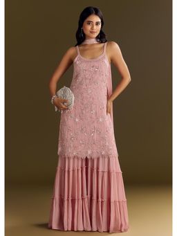 KALKI FASHION - Light Pink Chinon Embroidered Kurta with Sharara & Choker Style Dupatta