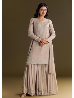 KALKI FASHION - Beige Embroidered Kurti with Palazzo & Sequins Dupatta