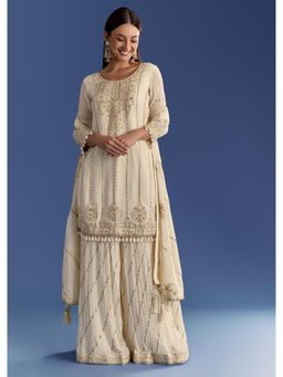 KALKI FASHION - Cream Chinon Resham And Sequins Work Kurta with Palazzo & Dupatta