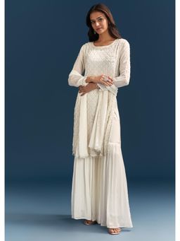 KALKI FASHION - White Chinon Sequins Moti And Cut Dana Detailing Kurta with Sharara & Dupatta