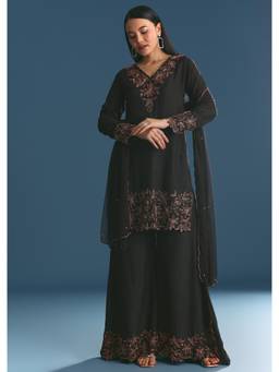 KALKI FASHION - Black Silk Cut Dana Work Kurta with Palazzo & Dupatta
