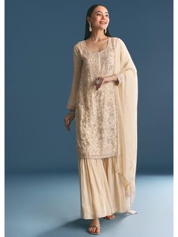 KALKI FASHION - Ivory Tissue Sequins And Cut Dana Work Kurta with Sharara & Dupatta