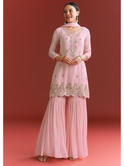 KALKI FASHION - Baby Pink Georgette Moti Work Kurta with Sharara & Dupatta