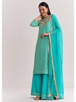 KALKI FASHION - Aqua Leheriya Zardozi and Moti Work Kurta with Palazzo & Dupatta
