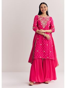 KALKI FASHION - Rani Pink Dola Silk Kurta with Sharara & Pant