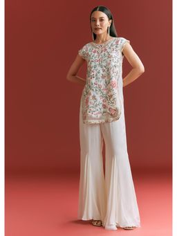 KALKI FASHION - Off White Viscose Silk Resham Work Short Kurti with Palazzo