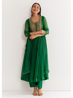 KALKI FASHION - Dark Green Chiffon Anarkali Kurta with Pant & Dupatta