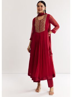 KALKI FASHION - Red Chiffon Anarkali Kurta with Pant & Dupatta