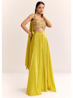 KALKI FASHION - Yellow Crepe Resham Zardozi Work Crop Top with Palazzo with Dupatta
