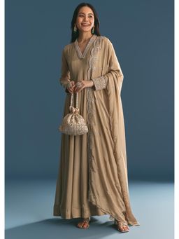 KALKI FASHION - Beige Chinon Zardozi Work Anarkali Kurta with Embroidered Dupatta