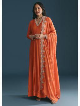 KALKI FASHION - Orange Chinon Anarkali Kurta with Embroidered Dupatta