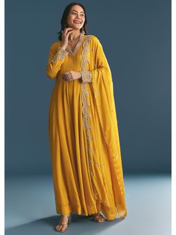 KALKI FASHION - Mustard Chinon Anarkali Kurta with Embroidered Dupatta