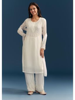 KALKI FASHION - White Chinon Sequins And Cut Dana Work Kurta with Pant & Dupatta