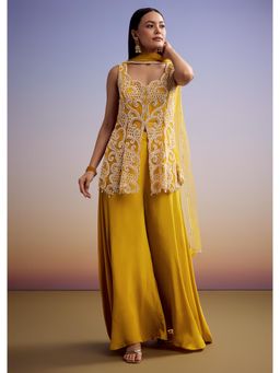 KALKI FASHION - Mustard Net Palazzo Suit with Moti & Cut Dana Work Kurta with Pant & Dupatta