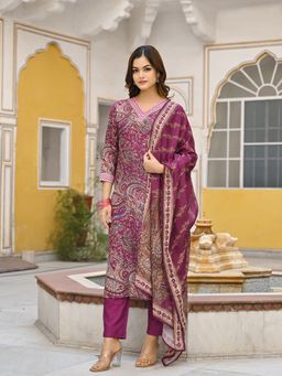 Vaamsi - Women Purple Rayon Blend Paisley Printed Straight Kurta with Pant & Dupatta