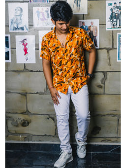 JAVINISHKA - Yellow Abstract Leaves Premium Rayon Slim Fit Shirt