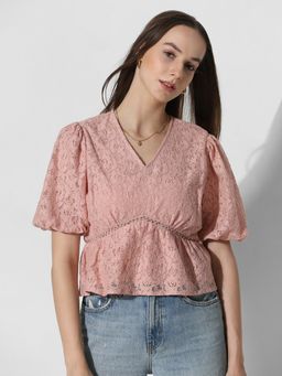 ONLY - Peach Puff-Sleeved Peplum Top
