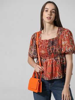 ONLY - Brown Abstract Printed Smocked Top