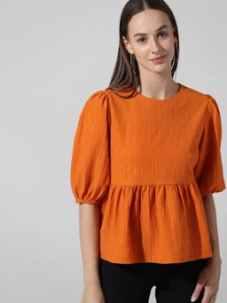 ONLY - Orange Puff-Sleeved Peplum Top