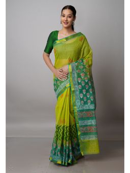 Unnati Silks - Mehndi Green Pure Block Printed Kota Cotton Saree with Unstitched Blouse